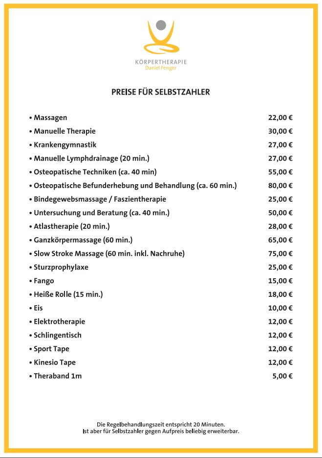 Körpertherapie Daniel Fenger  Physiotherapie in Schwaikheim  Preisliste